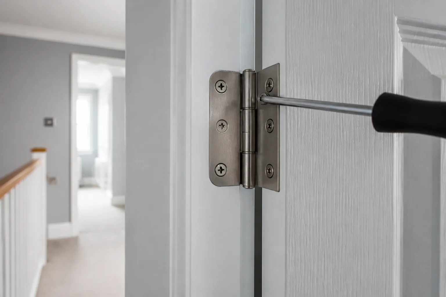 Interior door hinge being adjusted in a UK hallway