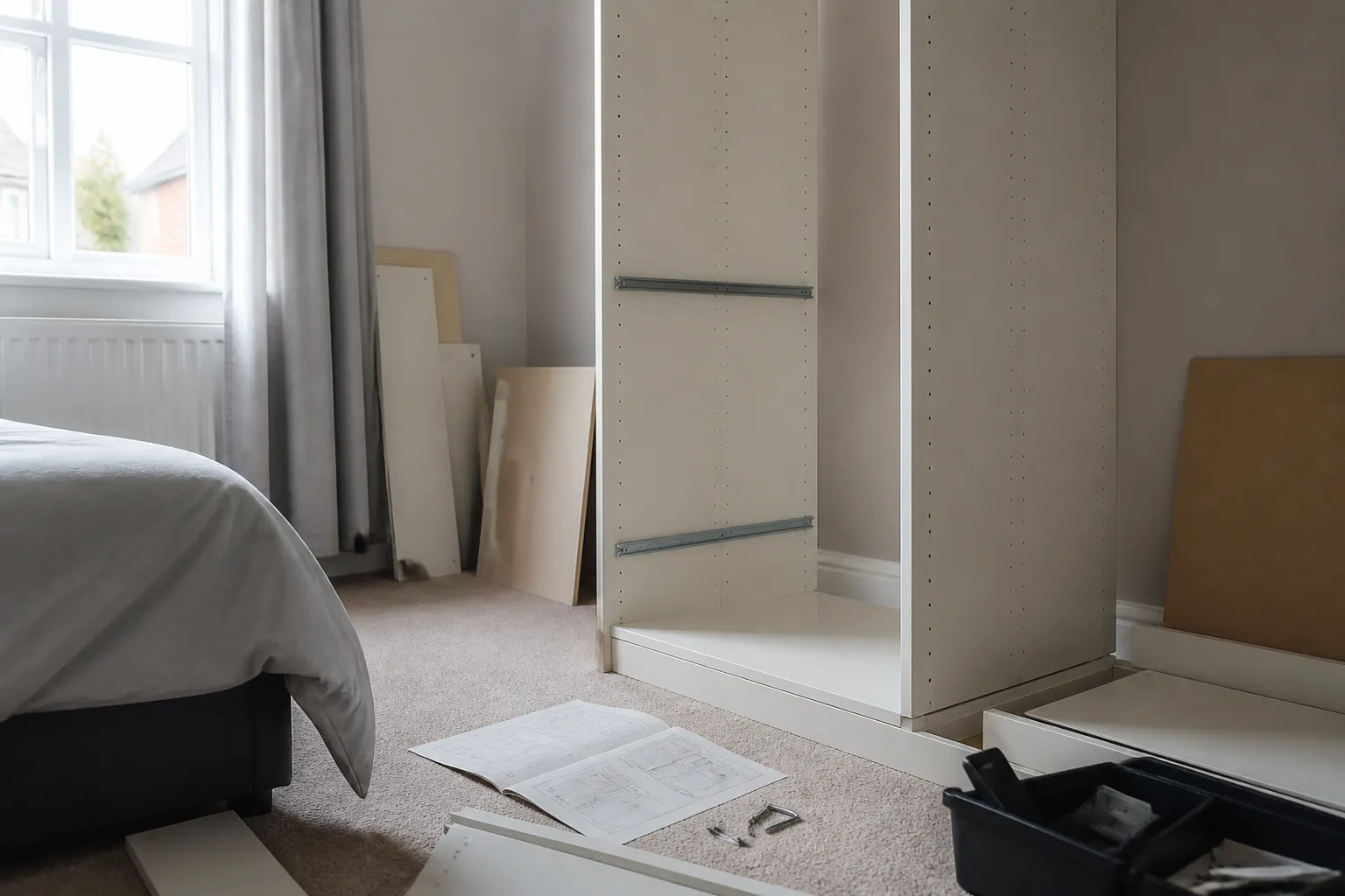 Flat-pack wardrobe assembly in a UK bedroom