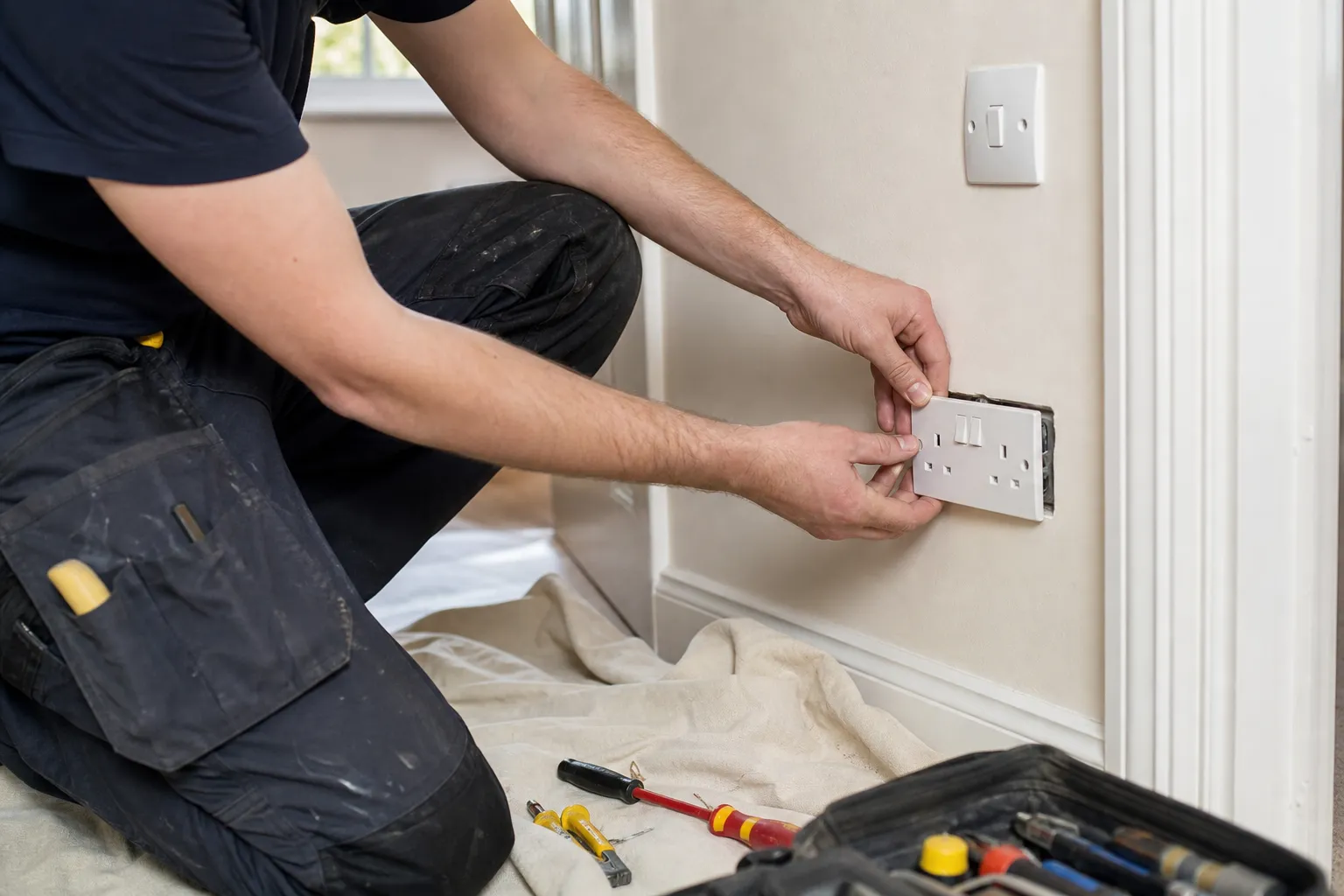 Electrician fitting a socket and switch in a UK home
